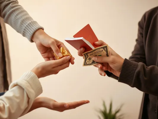 Hands exchanging charitable donations, symbolizing community giving.