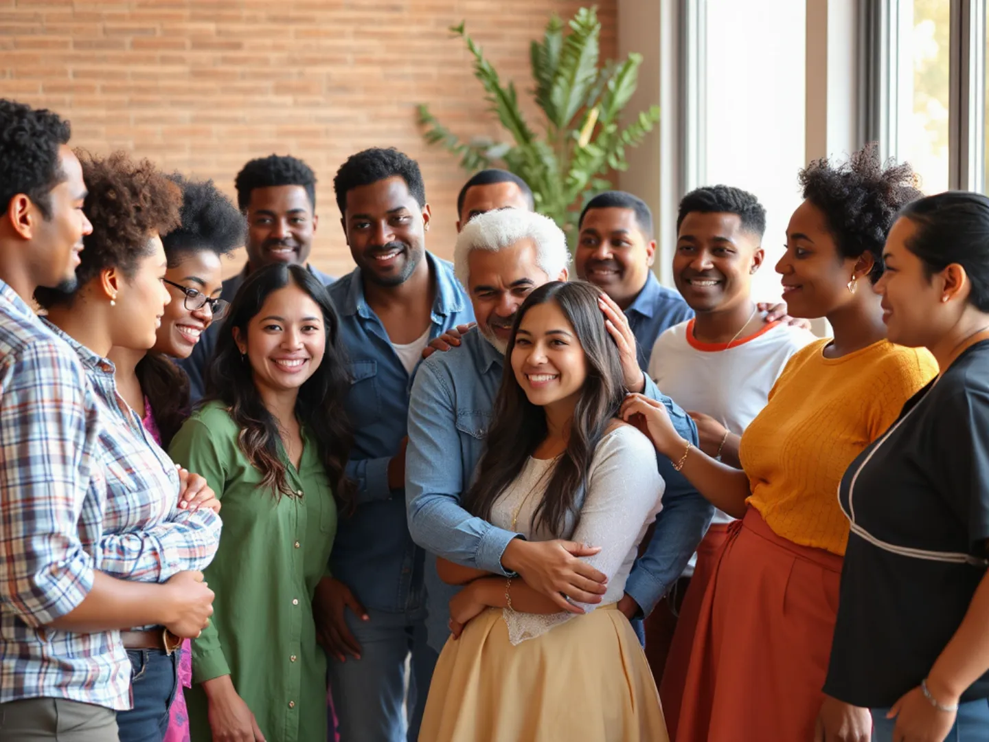 Diverse group of people supporting each other in a community setting, vibrant and warm